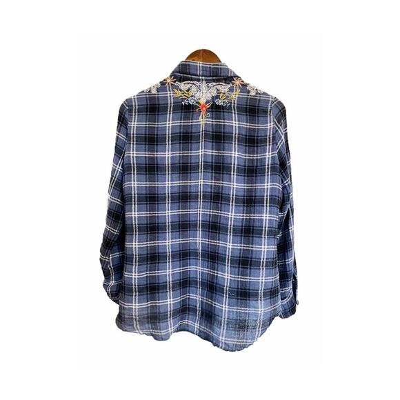 Johnny Was Floral Embroidered Cotton Gauze Button Down Plaid Shirt Blue Pink S - Picture 3 of 9